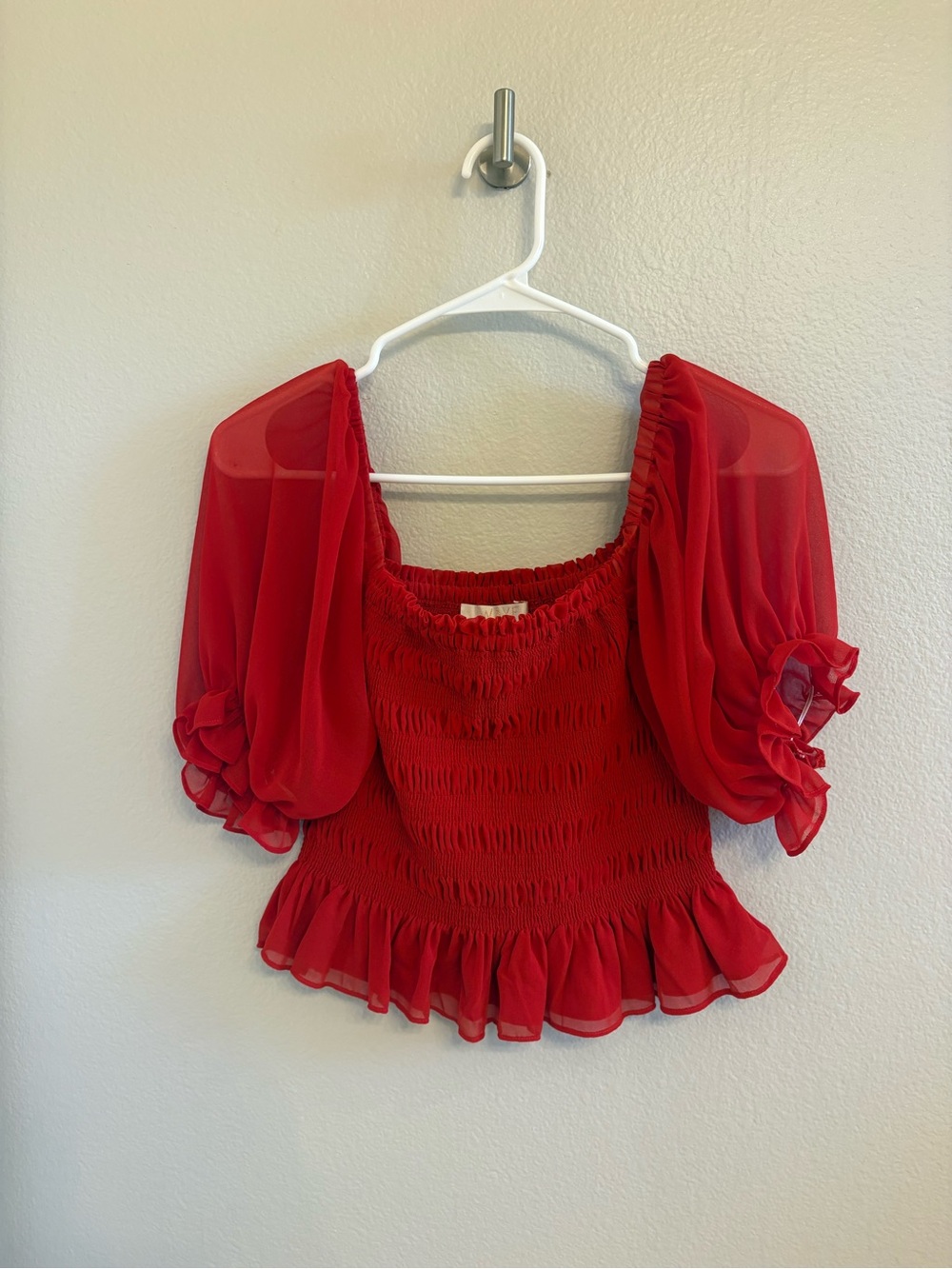 Wayf Red Smocked Puff Sleeve Blouse